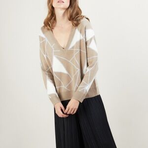 Maison Montagut Cashmere Sweater Felixa V Neck Geometric Tan Brown Size S